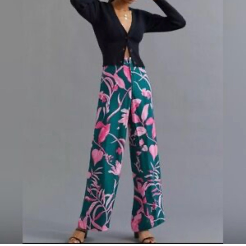 Floral Wide Leg Pants - Pink and Green
